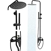 All-Metal Outdoor Shower Fixture,3 Functions Handle Tub Rainfall Shower Faucet Sets with Dial Thermometer Brass Valve, Black Exposed Shower System with 10'' Rainfall Shower Head Adjustable