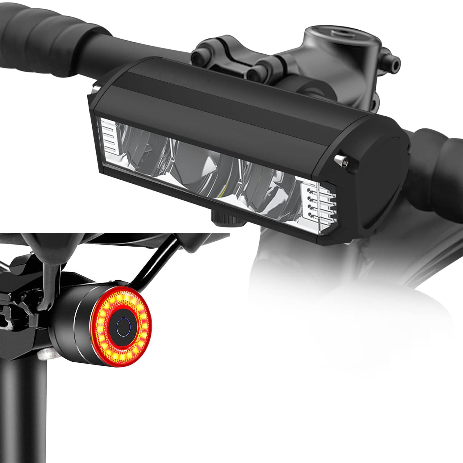 Linunity Smart Sensor Bike Tailight USB-C Rechargeable + 4000 mAh Super Bright 1800 Lumen Bicycle headlightlight, Easy to Install Bike Headlight and Taillight Combinations, Road and Mountain Cycling