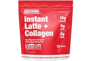 STRONG COFFEE COMPANY Strong Coffee Co. Vanilla Instant Latte | Organic Coffee with 15g Collagen Protein | Lion’s Mane & L-Theanine | Nootropic Instant Coffee | 12 Serving