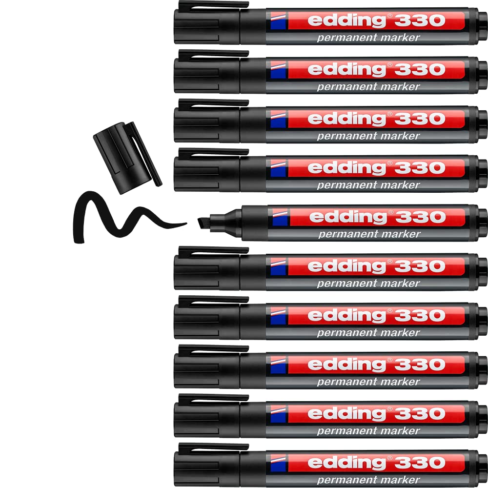 edding 330 permanent marker - black - 10 pens - chisel tip 1-5 mm - waterproof, quick-drying, smear-proof pens - for cardboard, plastic, glass, wood, metal and fabric