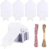 MixTeach 150Pcs Christmas Gift Tags with String, White Hollow Snowflake Gift Labels Blank Winter Paper Hanging Ornaments for Christmas DIY Crafts Holiday Present Wrapping Party Favors, 3.74x1.97 inch