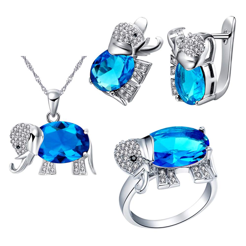 Uloveido Girls' Platinum Plated Brass Blue Simulated Diamond Jewellery Piercing Earrings Necklace and Solitaire Rings Set for Teen Girls Women T485