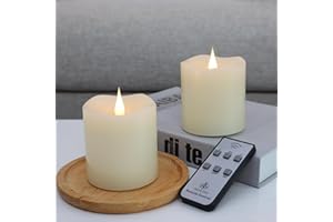TECHLONG Flameless Candles Battery Operated with Remote Timer, 3D Moving Flame Flickering, Last 600+ Hours Battery Candles, 3" x 3" Ivory Real Wax Electric LED Candle for Wedding Party, Set of 2