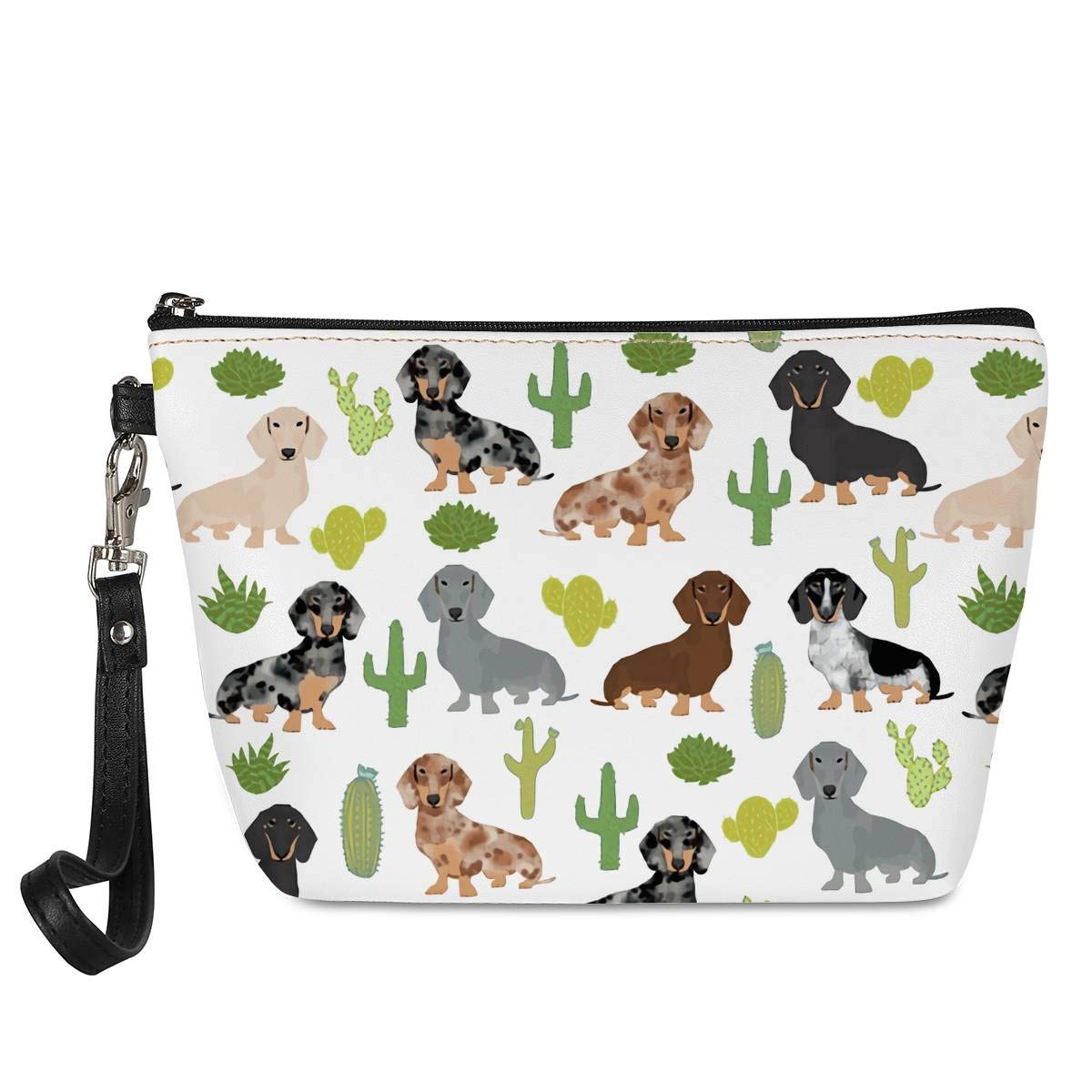 spArt Tropical Dachshund Dog and Cactus Portable Travel Cosmetic Bag Leather Make Up Bag Toiletry Organizer Bag Lightweight