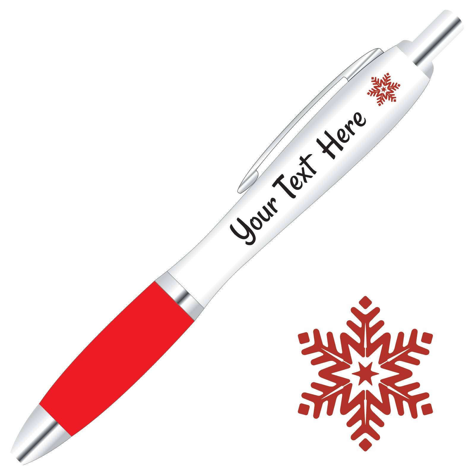 Full Colour Printed Personalised Christmas Pens *Qty - 2* - RED Pen Grips *Snowflake Design*