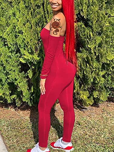 HILINKER WOMENS SEXY OFF SHOULDER JUMPSUIT BODYCON LONG SLEEVE ONE PIECE ROMPER RED SMALL
