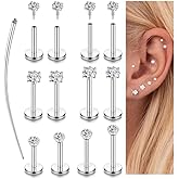 JeryWe 18G 16G Flat Back Earrings Studs for Women - Hypoallergenic Surgical Steel Internal Thread CZ Stud Earrings Stacks 14K Gold Plated Tragus Labret Helix Cartilage Conch Nose Stud Piercing Jewelry