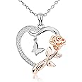 Alsanix Heart Necklace for Women Sterling Silver/14k Gold Plated/Rose Gold CZ Romantic Rose and Butterfly Jewelry for women Birthday Valentine's Day Gift for Girls