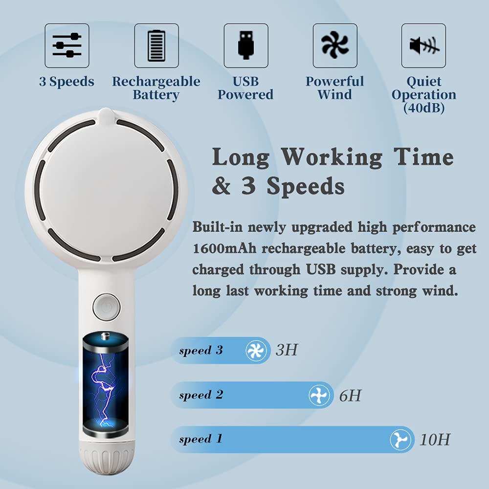 Star Compass Mini Handheld Fan, Battery Operated Rechargeable Portable With LED Light Makeup Mirror, Bladeless Small Personal 3 Speeds Eyelash for Women Girls Outdoor Travel (White)