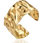Gold Cuff Bracelet, Adjustable Hammer Strike Chunky Gold Bangle for Women