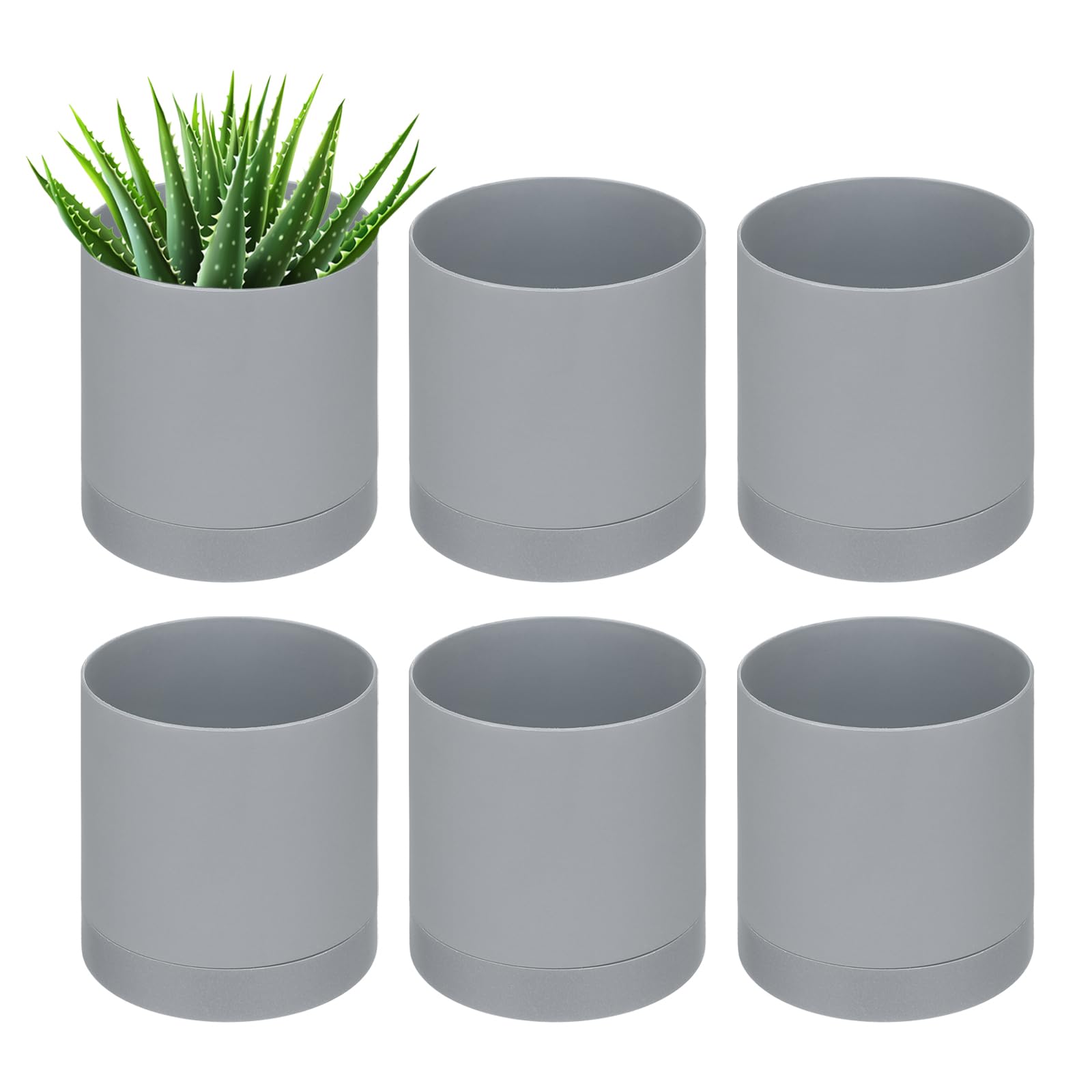 PATIKIL 4 Inch/10cm Plastic Plant Pots, 6 Pack Small Flower Pot Planters with Drainage Holes and Saucer for Home Decor Indoor Plants, Grey
