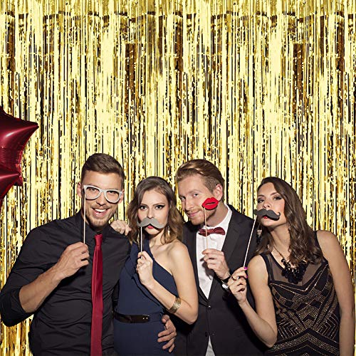 pozzolanas 4 Pack Foil Fringe Curtain Metallic Tinsel Shimmer Party Photo Backdrop Curtains for Birthday, Engagement, Baby Shower, Weddings Party and Celebrations Backdrop Decorations(Gold)