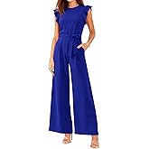 BTFBM Jumpsuits For Women 2026 Crew Neck Dressy Cap Sleeve Belted High Waist Wide Leg Romper One Piece Casual Outfits Pockets