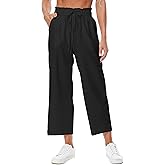 EZPERY Womens Linen Pants Elastic High Waisted Wide Leg Drawstring Casual Loose Cropped Pants with Pockets