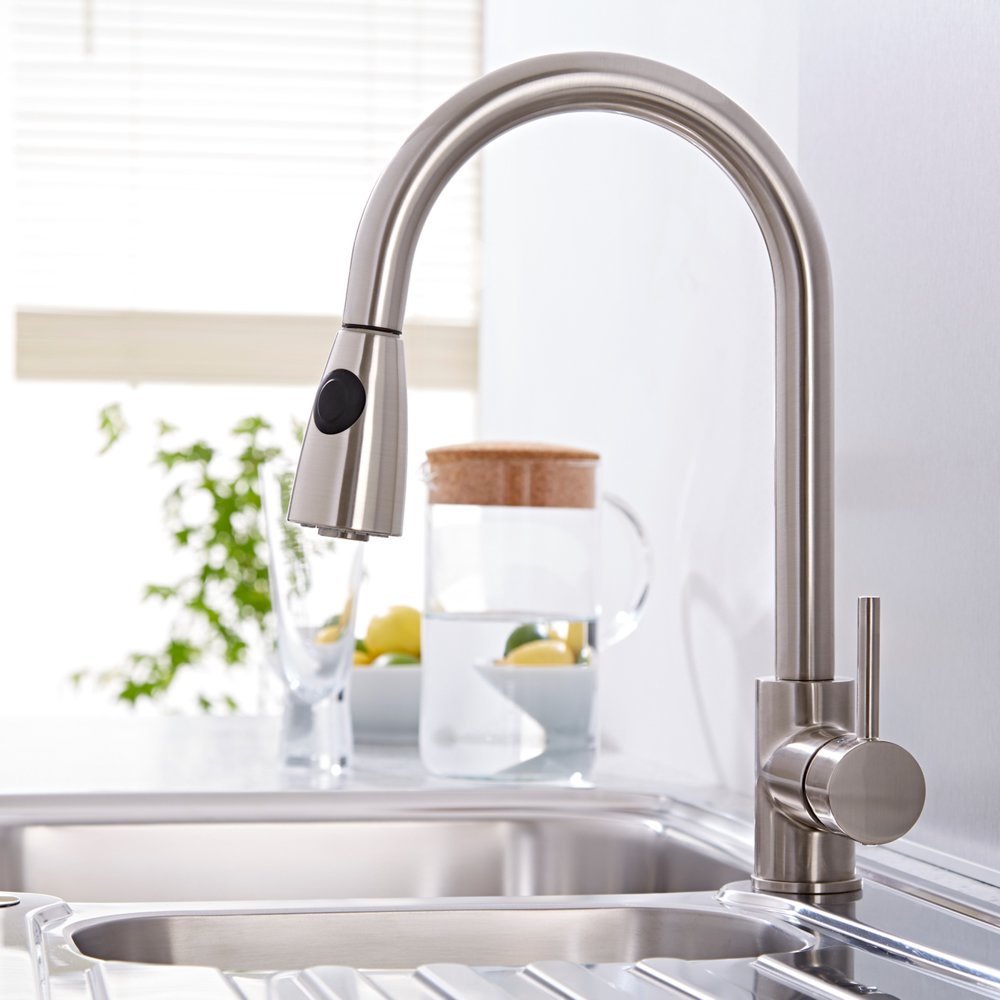 VeeBath Kelso Pull Out Monobloc Single Lever Spring Kitchen Mixer Tap, Sink Brass Tap Mixers Swivel Spout with Hoses and Fittings - Chrome