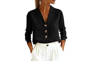 Women's Business Casual Tops Summer Long Sleeve Button Down Cotton Linen Shirts Casual Loose Collared V Neck Blouses