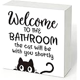 Bathroom Welcome Cat Decor Sign, Funny Home Bathroom Decor, Washroom Wooden Block Signs, Rustic Wood Plaque Box Sign for Home Office Restroom Toilet Shelf Table Decoration