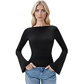 Women Sexy Bell Sleeve Tops Slim Fit Crew Neck Long Sleeve Fitted Going Out Party Club Basic T Shirts