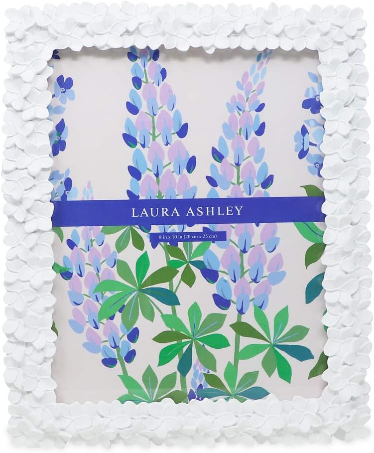 Laura Ashley 8x10 White Flower Textured Hand-Crafted Resin Picture Frame w/ Easel & Hook for Tabletop & Wall Display, Decorative Floral Design Home Décor, Photo Gallery, Art (8x10, White) -