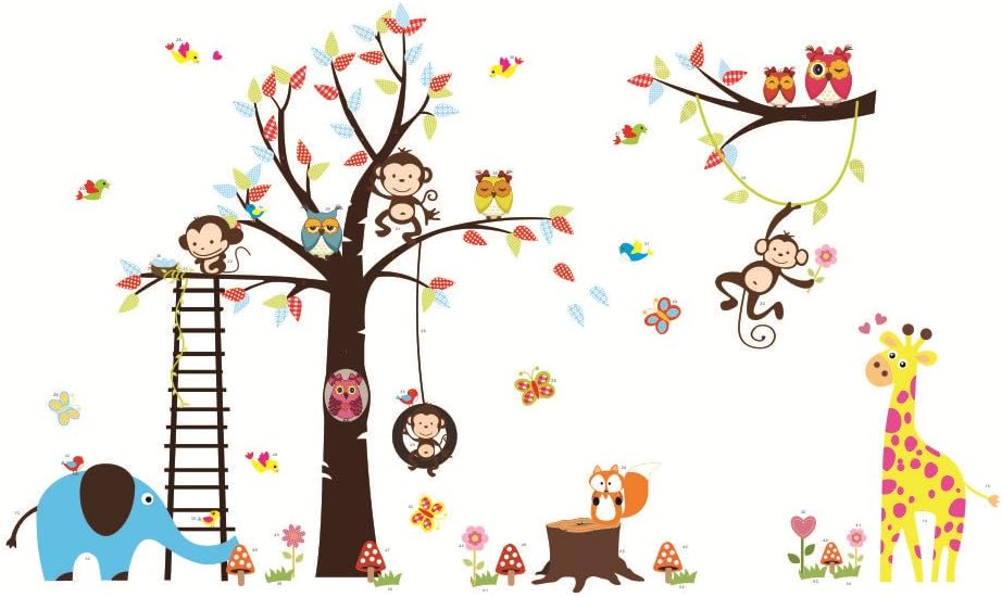Kids Wall Stickers Tree Woodland Animals and Safari Animals Owls, Monkey, Squirrel, Fox, Giraffe & Elephant, Removable and Repositionable for Kids Bedroom Walls