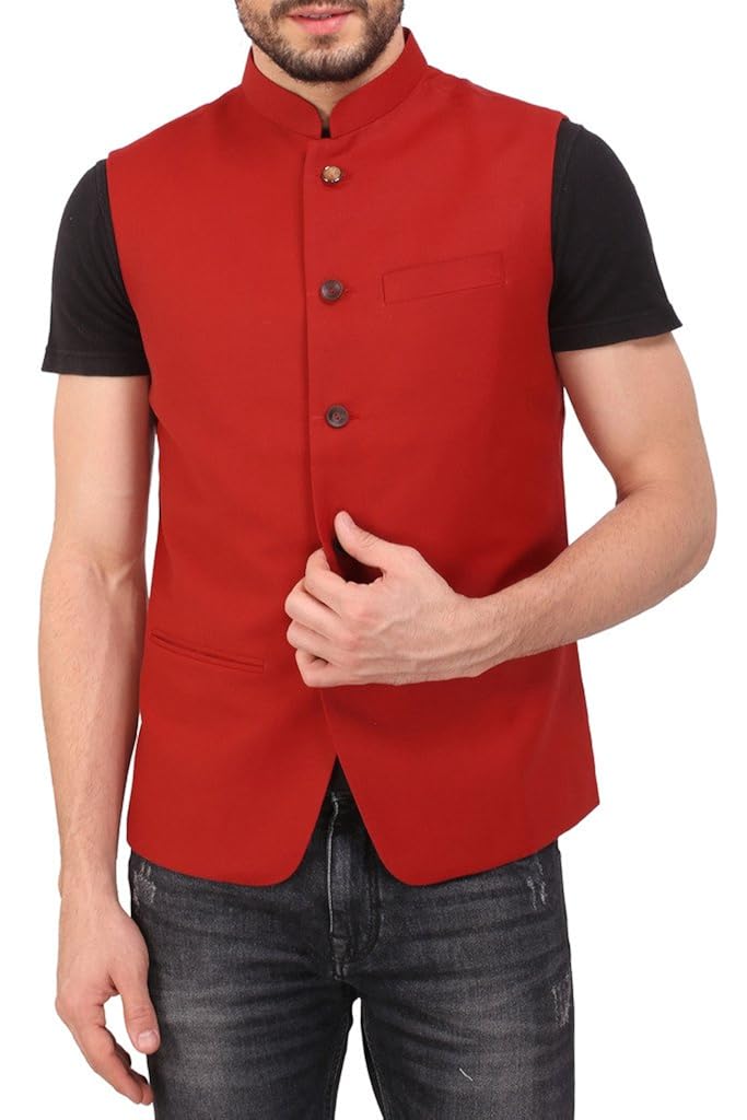 red nehru jacket with jeans