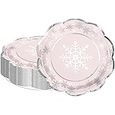 LeZakaa 25Pcs Christmas Paper Plates - Snowflake in Pink Silver Foil Winter Holiday Design Disposable Party Plates Decorative Tableware Supplies Table Decor for Christmas - 9 Inch