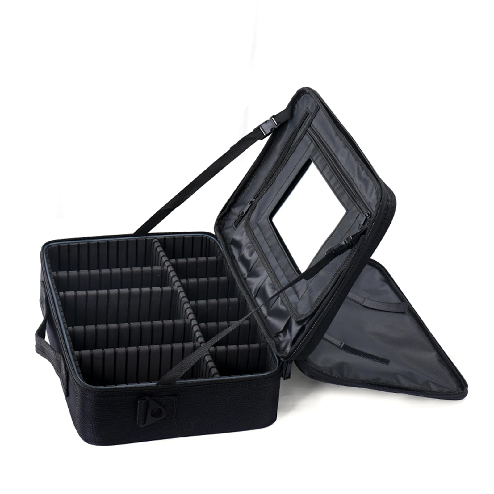 Photo 1 of MiaYiuYina Travel Makeup Bag Organizer Case,Cosmetic Bags with Adjustable Compartments and Mirror, for Toiletry Cosmetic Brush Jewelry Accessories(Black)