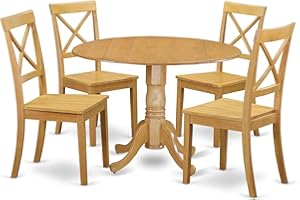 East West Furniture DLBO5-OAK-W 5 Piece Dining Set Includes a Round Dining Room Table with Dropleaf and 4 Kitchen Chairs, 42x42 Inch, Oak