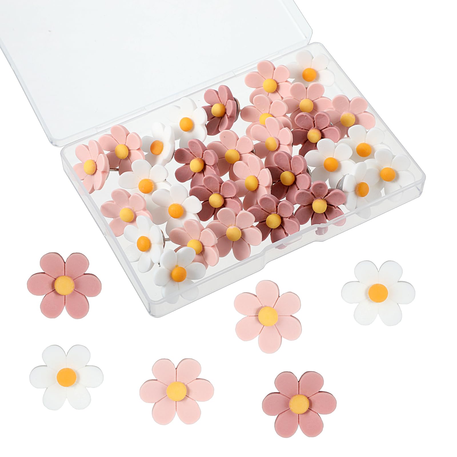 Flower Drawing Pins 30 Pcs Push Pins for Pin Board, 0.5Inch Cork Board Pins Cute Push Pin for Notice Board, Cardboard Hanging Posters Wall Decorations(Pink, White）