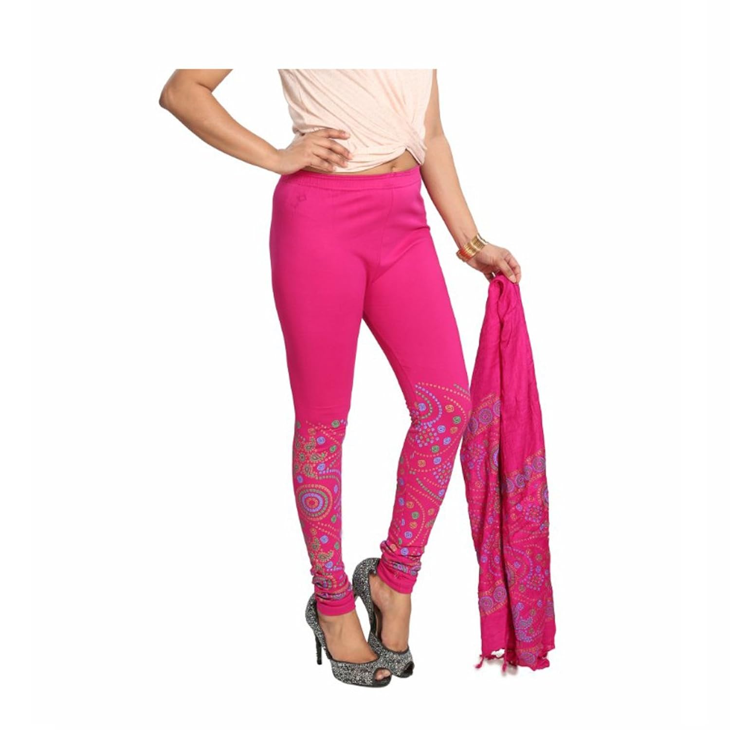 d'zires moniba women's cotton lycra block bandhni print leggings dupatta set