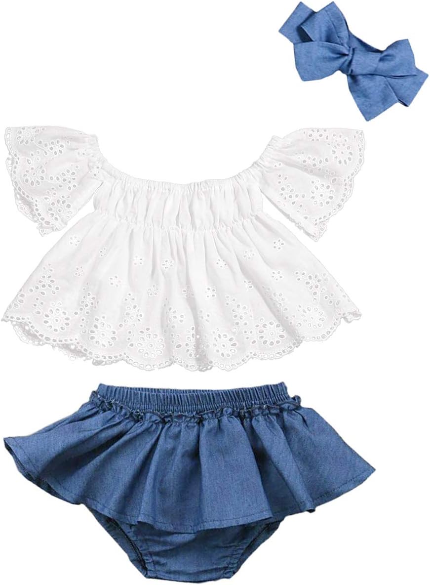 Toddler Baby Girls Clothes Lace Off Shoulder Short Sleeve Tops+Stripe Shorts +Bow Headband Summer Outfits Set