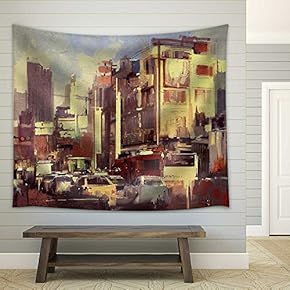 Painting of City Traffic Jam on The Street - Fabric Wall Tapestry Home Decor - 51x60 inches