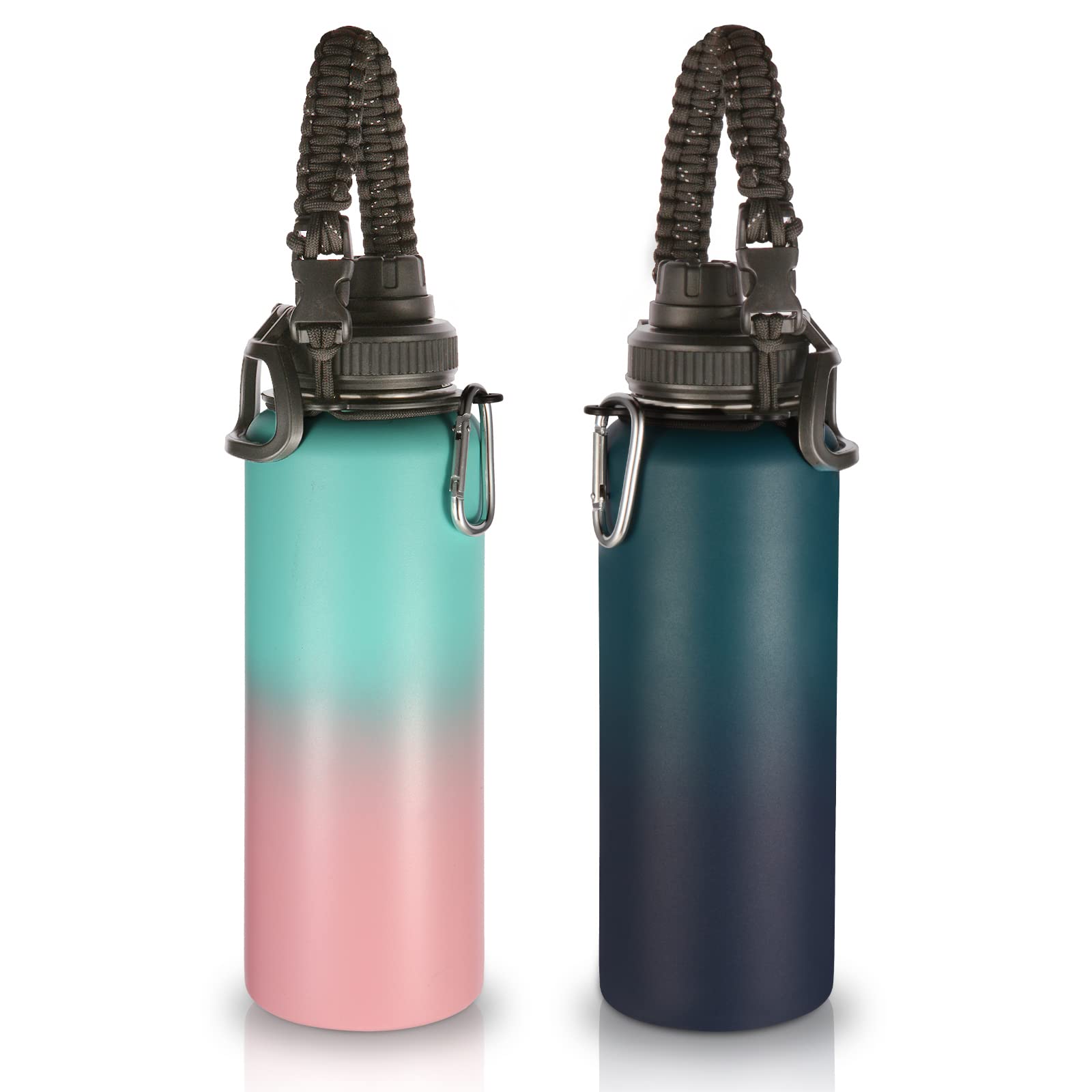 Volhoply Insulated Water Bottles Bulk 2 Pack, 1200ml Stainless Steel Sports Bottle with Paracord Handle & Spout Lid,Double Walled Water Cups with Wide Mouth, Reusable Big Water jug(Assorted,2 Set)