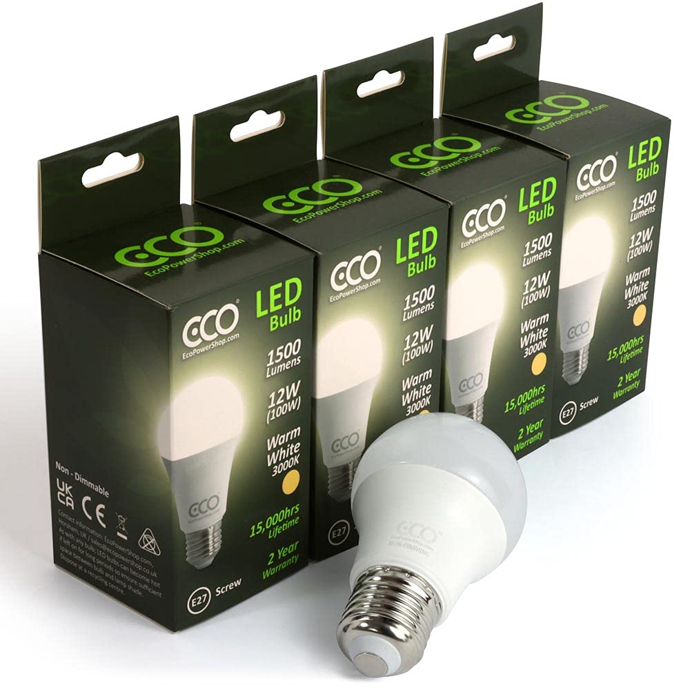 ECO 100W E27 Edison Screw Energy Saving LED Light Bulbs, Low Energy 12W LED, Bright 1500 Lumens, Warm White 3000K, 15,000Hrs Lifetime. 4X Pack.