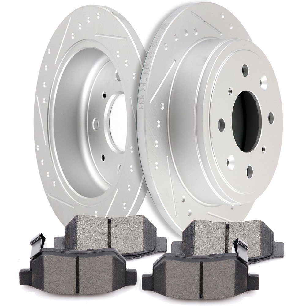Rear 2pcs Slotted Brake Discs Rotors and 4pcs Ceramic Disc Brake Pads