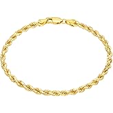 Nuragold 14k Yellow Gold 3mm Rope Chain Diamond Cut Bracelet or Anklet (7"-9") Italian Jewelry for Men & Women
