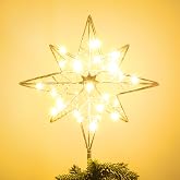 hogardeck Christmas Tree Topper, 12 Inches Lighted Gold Glittered 8-Point Star Tree Topper, 30 LED Sparkling Tree Toppers Christmas Decorations, Battery Powered Timer Xmas Treetop Star Decor