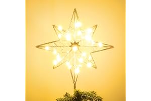 hogardeck Christmas Tree Topper, 11 Inches Lighted Gold Glittered 8-Point Star Tree Topper, 30 LED Sparkling Tree Toppers Christmas Decorations, Battery Powered Timer Xmas Treetop Star Decor