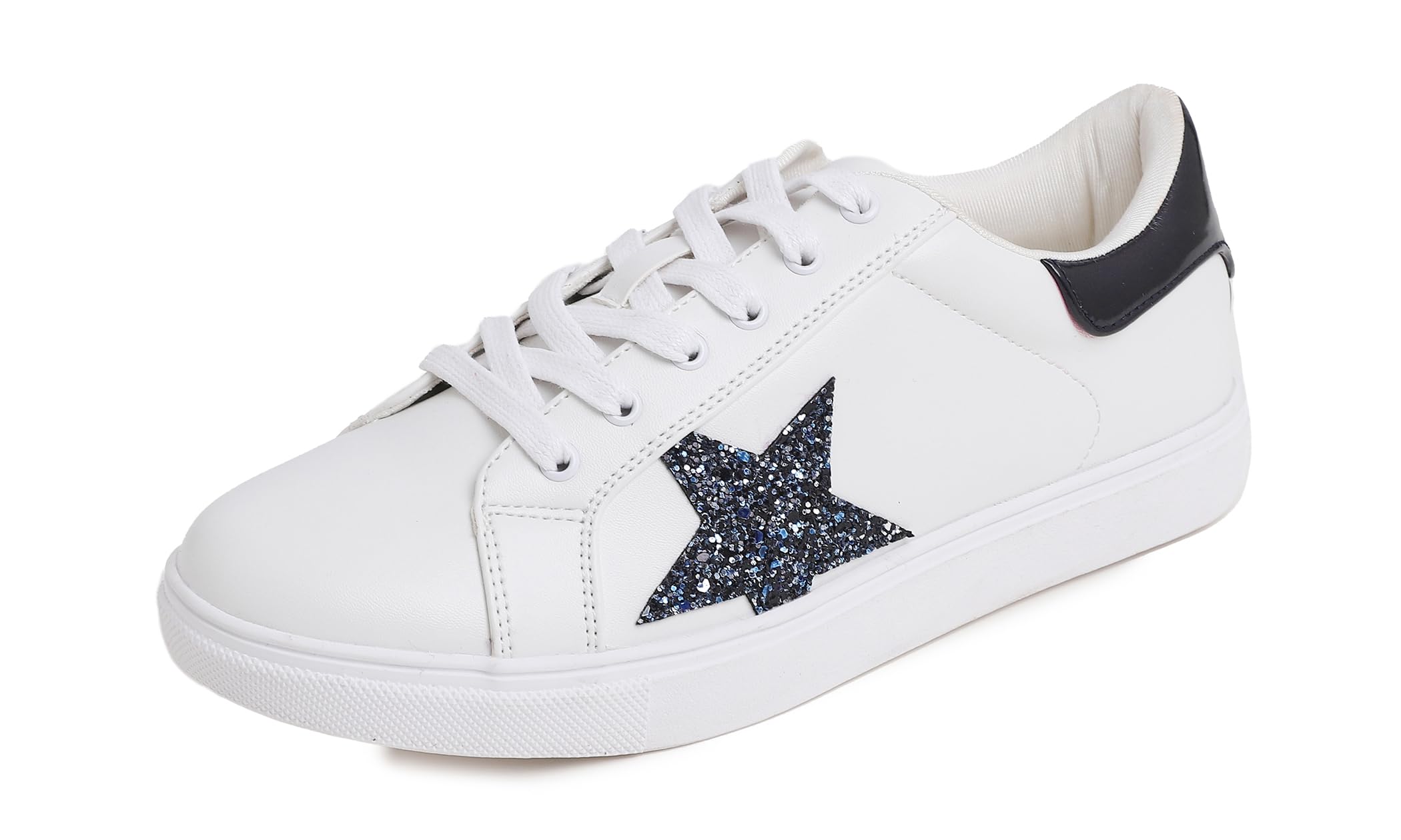 Photo 1 of ***(HEAVILY USED/ MINOR DAMAGE)***FEVERSOLE Women's Featured PU Leather Colorful Lace Up Sneaker White Glitter Night Blue Star Size 9 M US