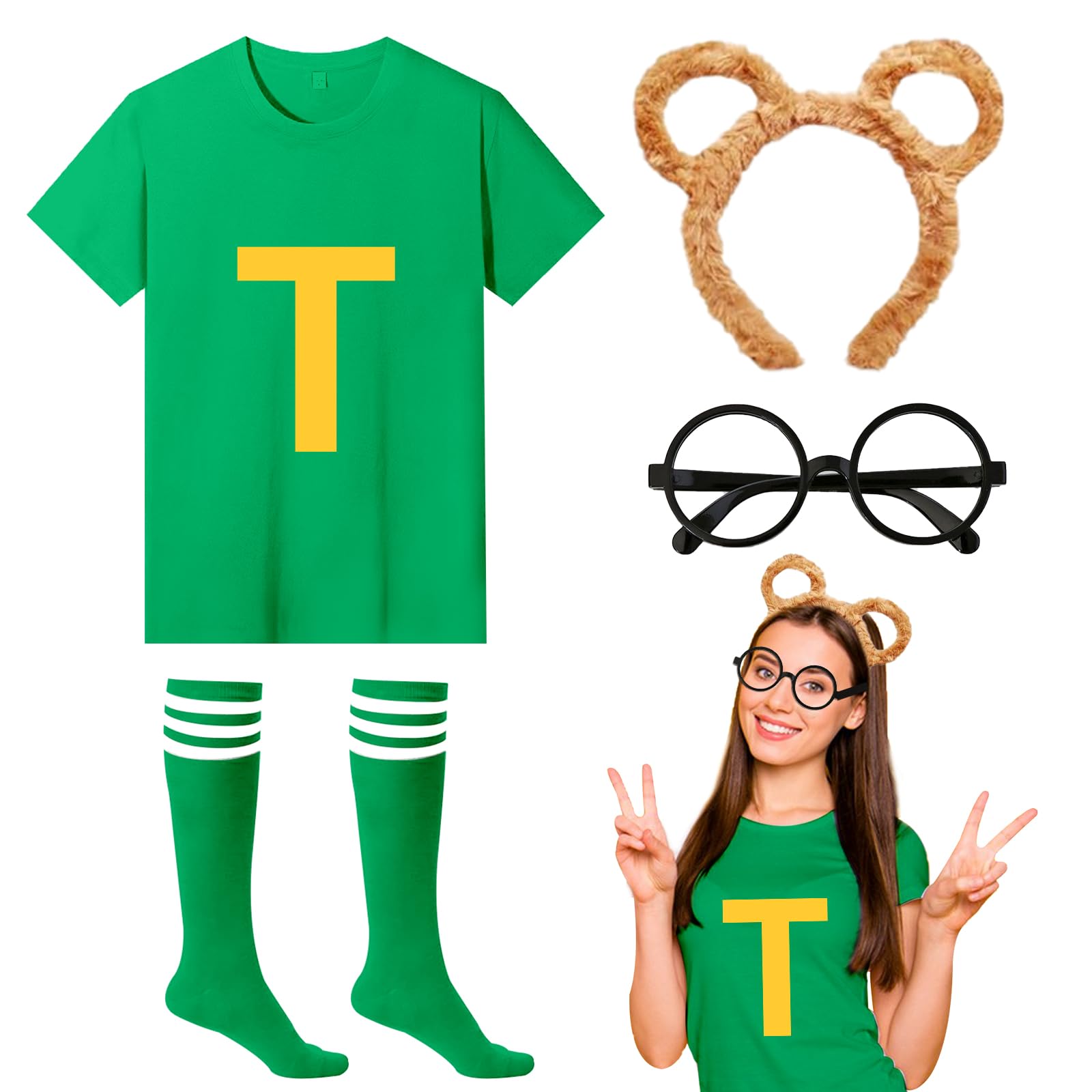 4Pcs Chipmunks Costumes Set with Chipmunk Headband Glasses T-shirt Soccer Socks, Chipmunks Fancy Dress Outfit Party Animal Cosplay for Adults Teens World Book Day Halloween Dress Up (Green, M) — image 1