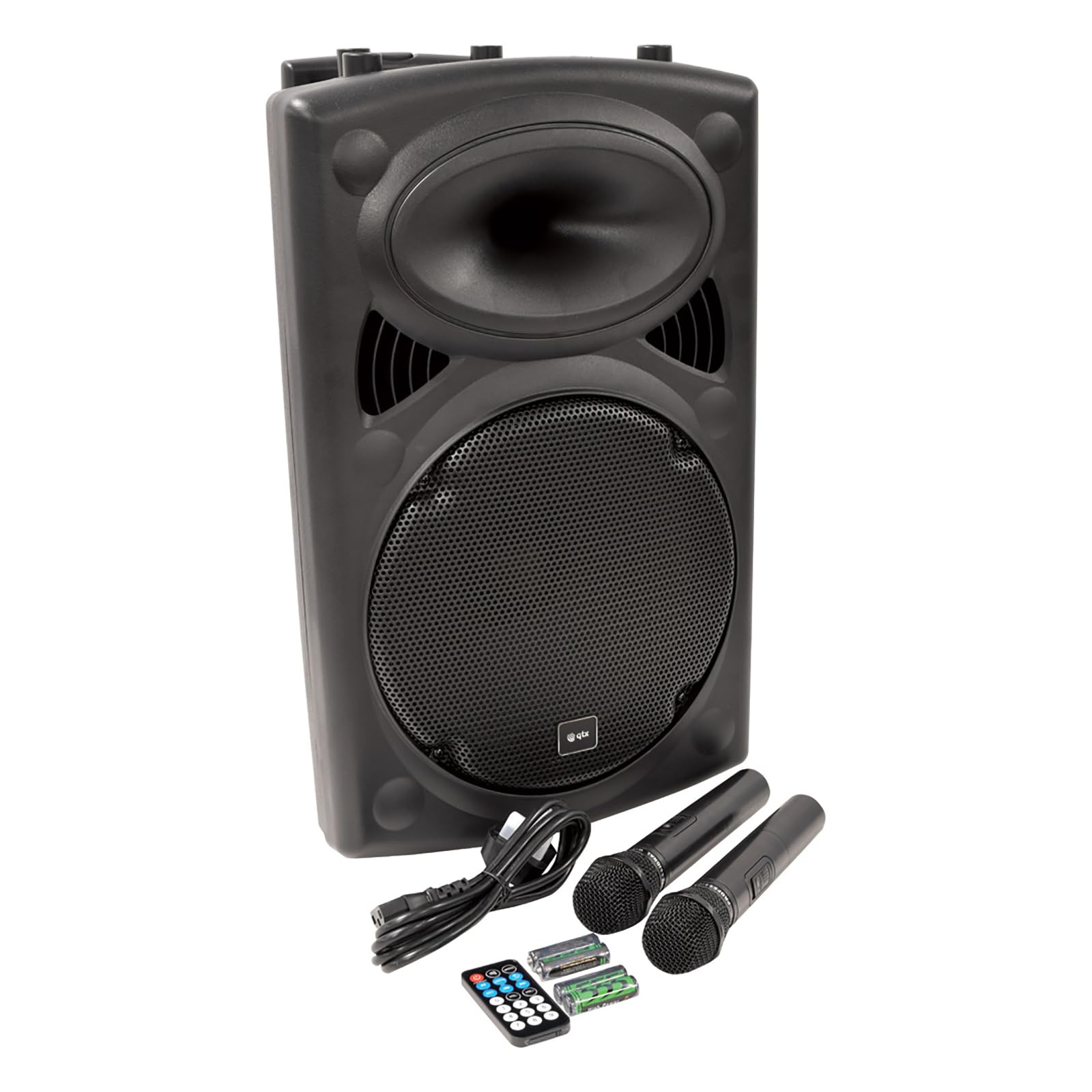 QTX , QR12BT PA: Powerful Portable PA with Bluetooth Connectivity, Two Wireless Mics, Internal Rechargeable Battery, Trolley Handle and Wheels