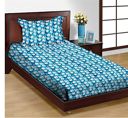 Trance Home Linen 100% Cotton 180TC Printed Single Fitted Bedsheet with 1 Pillow Cover (Blue White Circles)