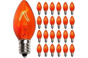 SUNSGNE 25 Pack C7 Orange Light Bulbs Halloween Christmas Replacement Bulbs, C7 Clear Orange Incandescent Light Bulbs for Outdoor Patio Xmas String Lights, E12/C7 Candelabra Base, 5 Watts