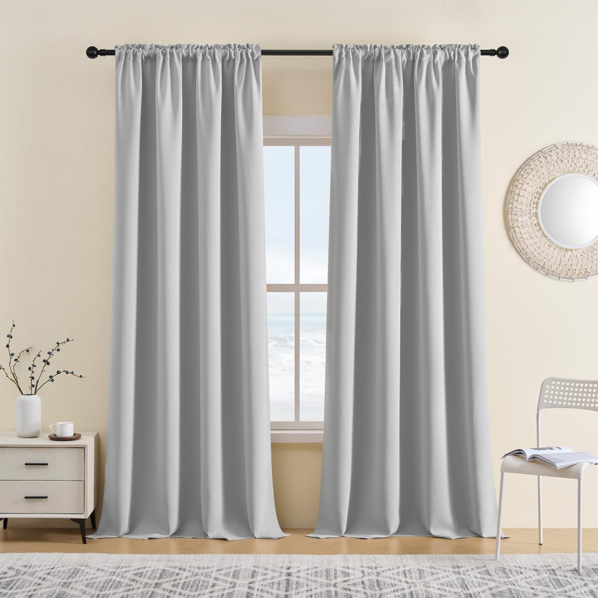 CUCRAF Greywish Blackout Curtains 84 inch Length 2 Panels Set, Rod Pocket Room Darkening Drapes, Insulated Thermal Light Blocking Window Curtain for Bedroom Living Room (52 x 84 inches) Image