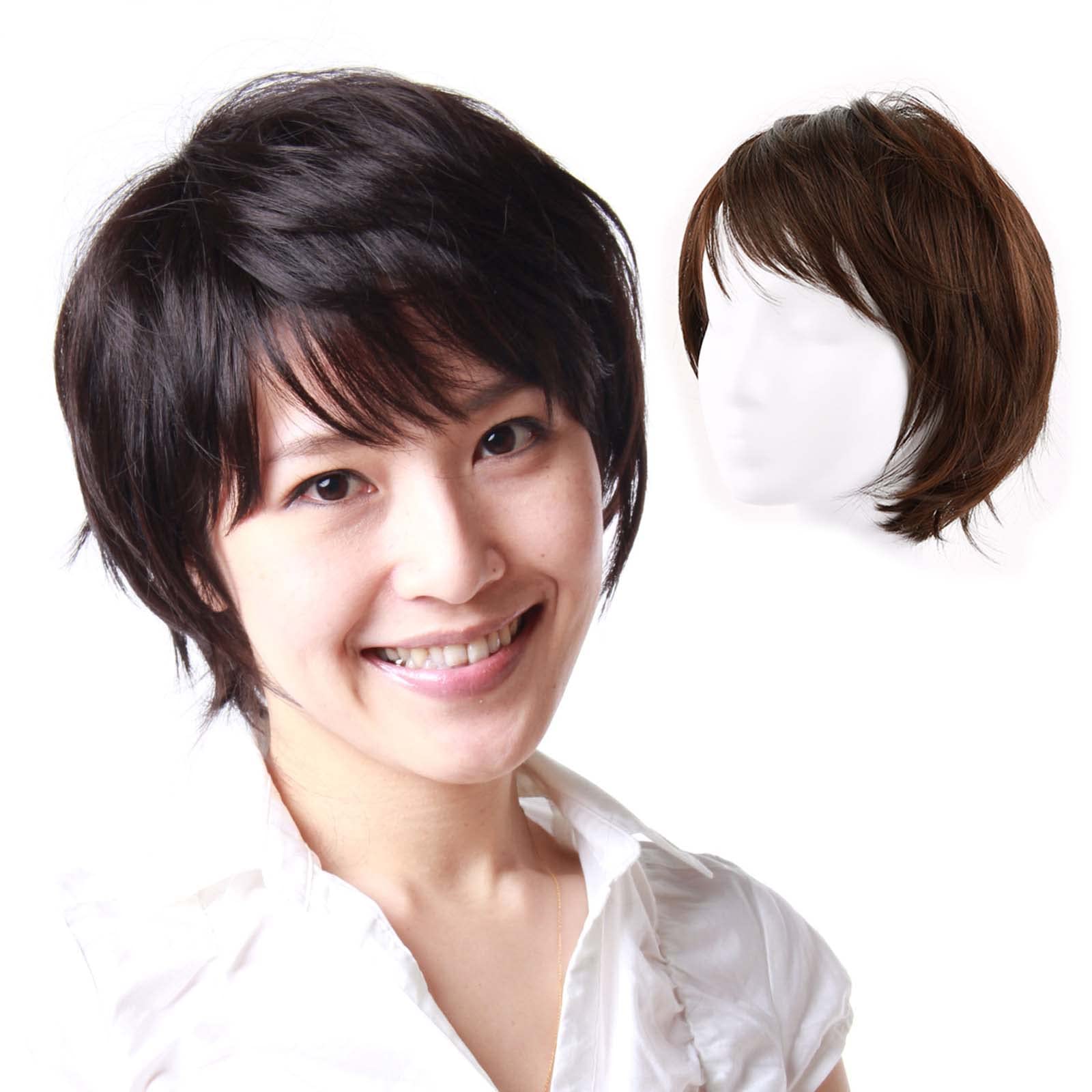Photo 1 of igennki Human Hair Blend Wigs Short Natural Layered Curly Human Hair Wigs for Asian Women with Hair Loss IU1001PH (Human hair mixed+M size, 3 Brown)