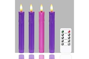 Mavandes Flameless Flickering Advent Taper Candles Remote, 7.5 Inch Purple and Pink Battery Operated LED Candles Timer,Set of 4 Plastic Dripping-Wax Effect Flameless Candlesticks(0.86” Dia)