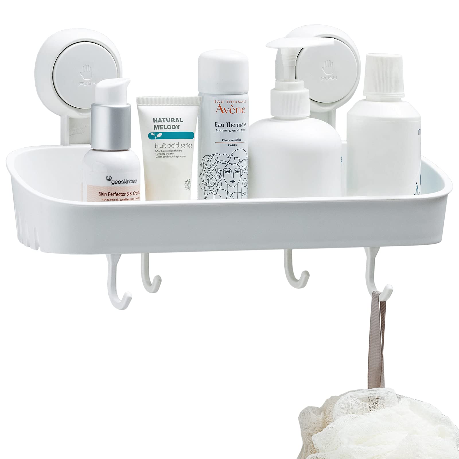 Photo 1 of TAILI Shower Caddy with 4 Hooks Suction Cup Shower Shelf Hanging Bathroom Rack Removable & Reusable No Drilling Plastic Wall Mounted Bath Shelves Storage White