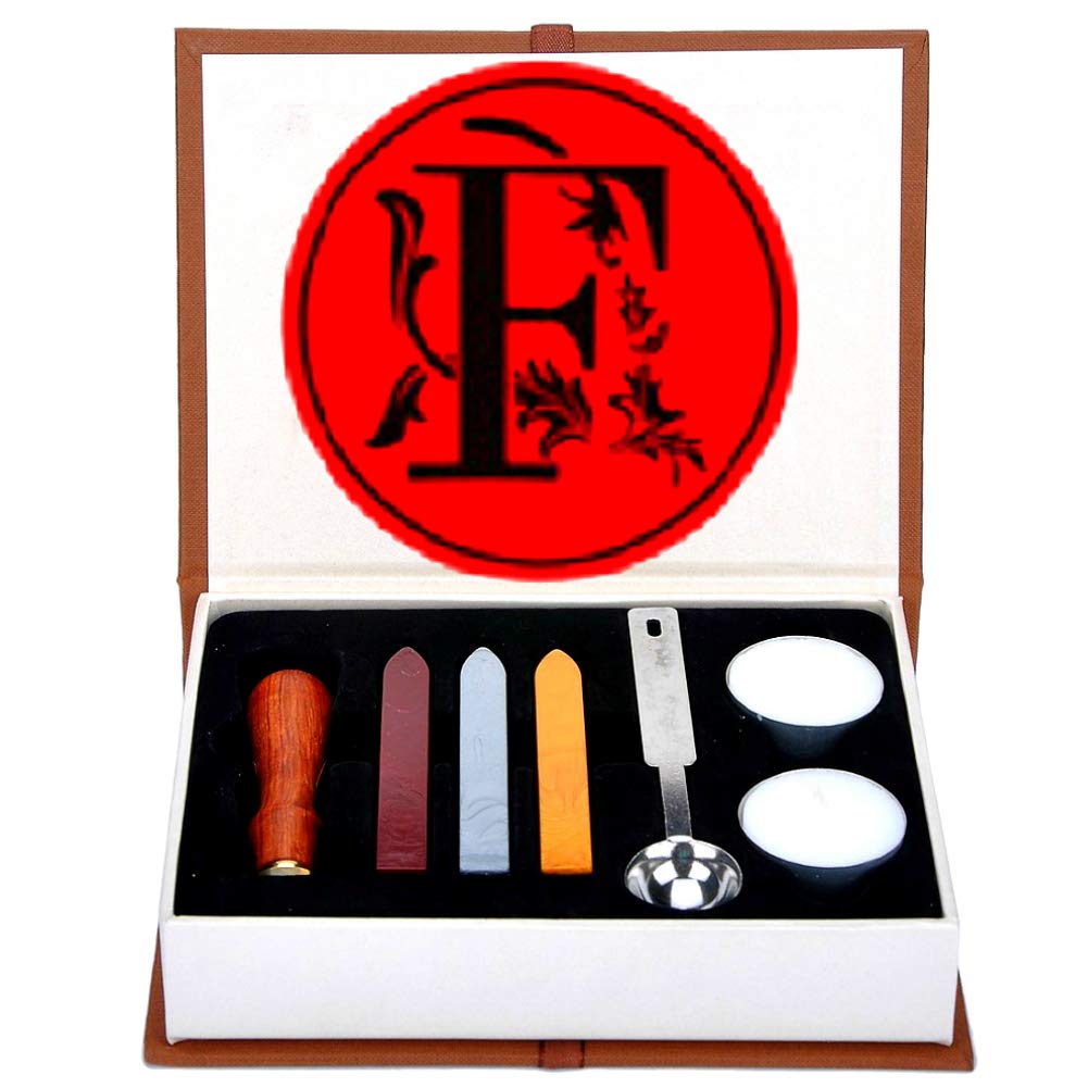 Letter F Wax Seal Stamp Set, ANBOSE Alphabet F Letters Wax Sealing Stamp Kit Including 1Pcs Wooden Handle Copper Seal, 3Pcs Wax Seal Sticks, 1Pcs Melting Spoon and 2Pcs White Candles (Letter-F)