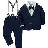 YALLET Toddler Boy Suit 5Pcs Formal Gentleman Outfits, Dress Shirt+Bowtie+Jacket+Suspender Pants Wedding Party Clothes Suits