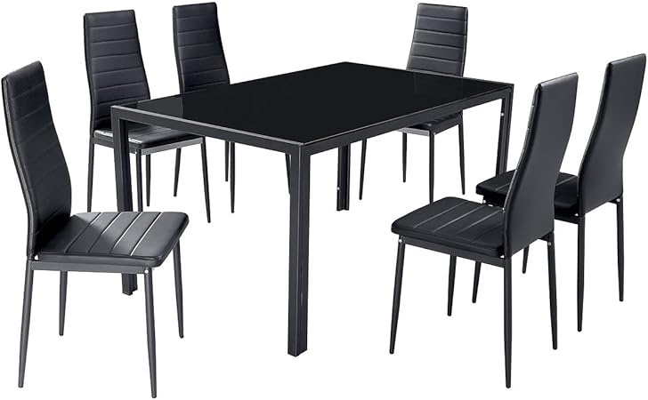 Gfw Houston Glass Dining Table With 6 Chairs Pvc Dining Set 6 Seater Dining Set Black Pvc Glass Dining Table And Chairs Amazon Co Uk Kitchen Home
